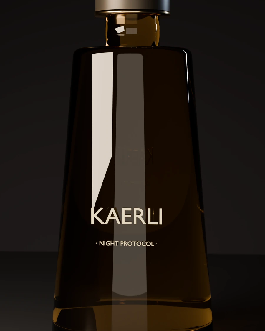 KAERLI Night Protocol amber glass bottle, embossed gold typography